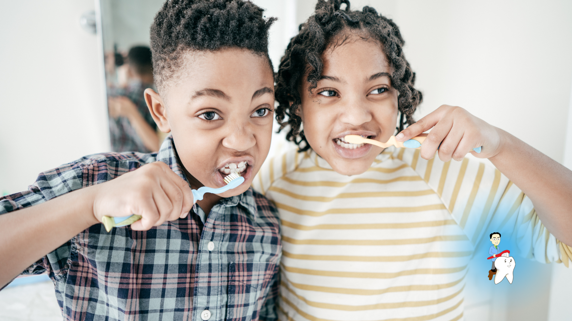 A boy and a girl are brushing their teeth together in front of a mirror.