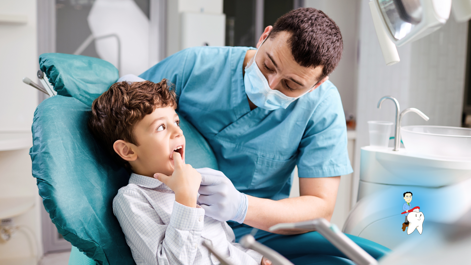 Dentist examining a child's teeth in a dental chair. The child points to their mouth.