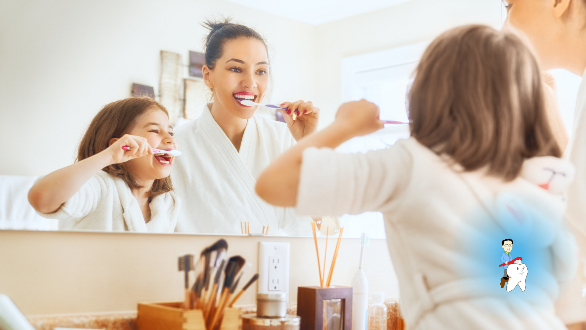 A mother and daughter are brushing their teeth in front of a bathroom mirror.