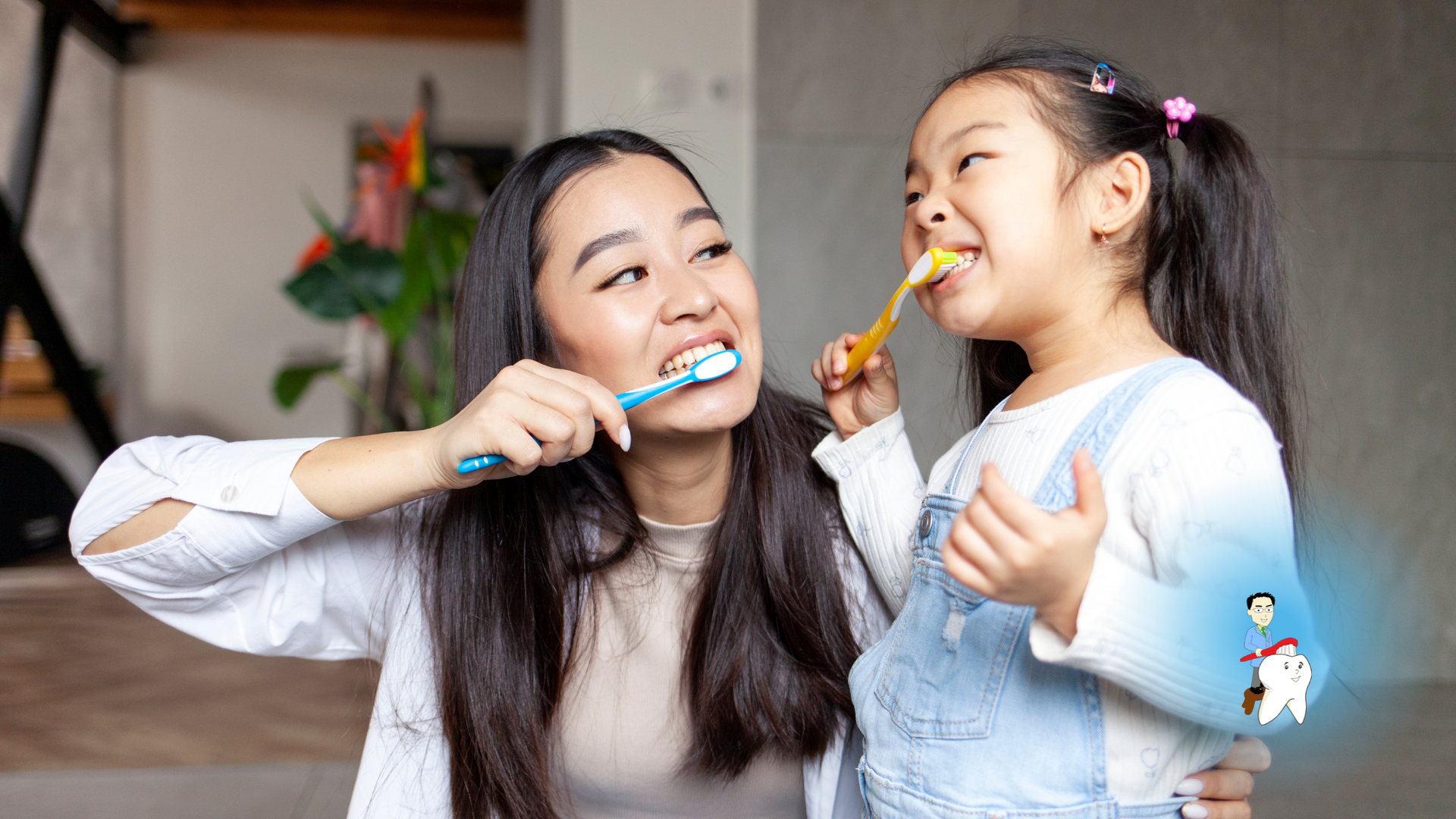 A woman and a little girl are brushing their teeth together.