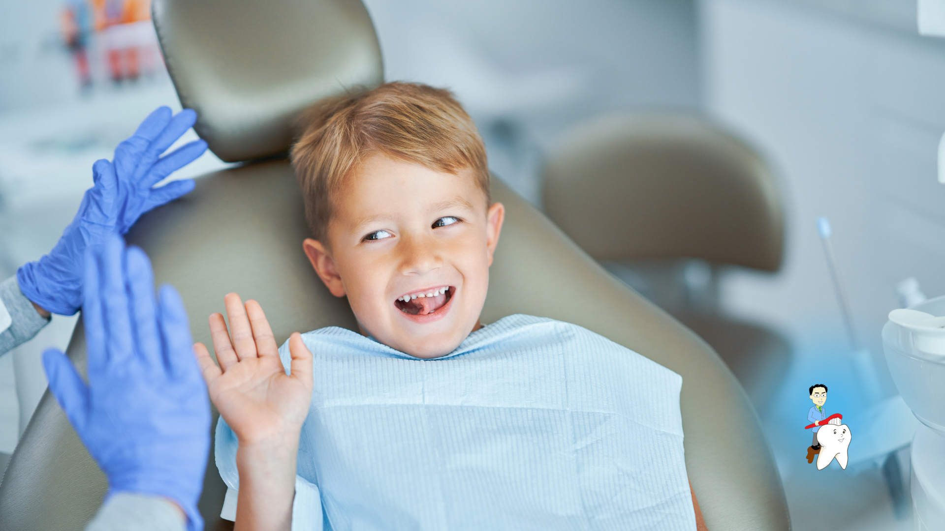 Boy in dentist chair, giving a high five. Excited expression, tooth missing, blue gloves.