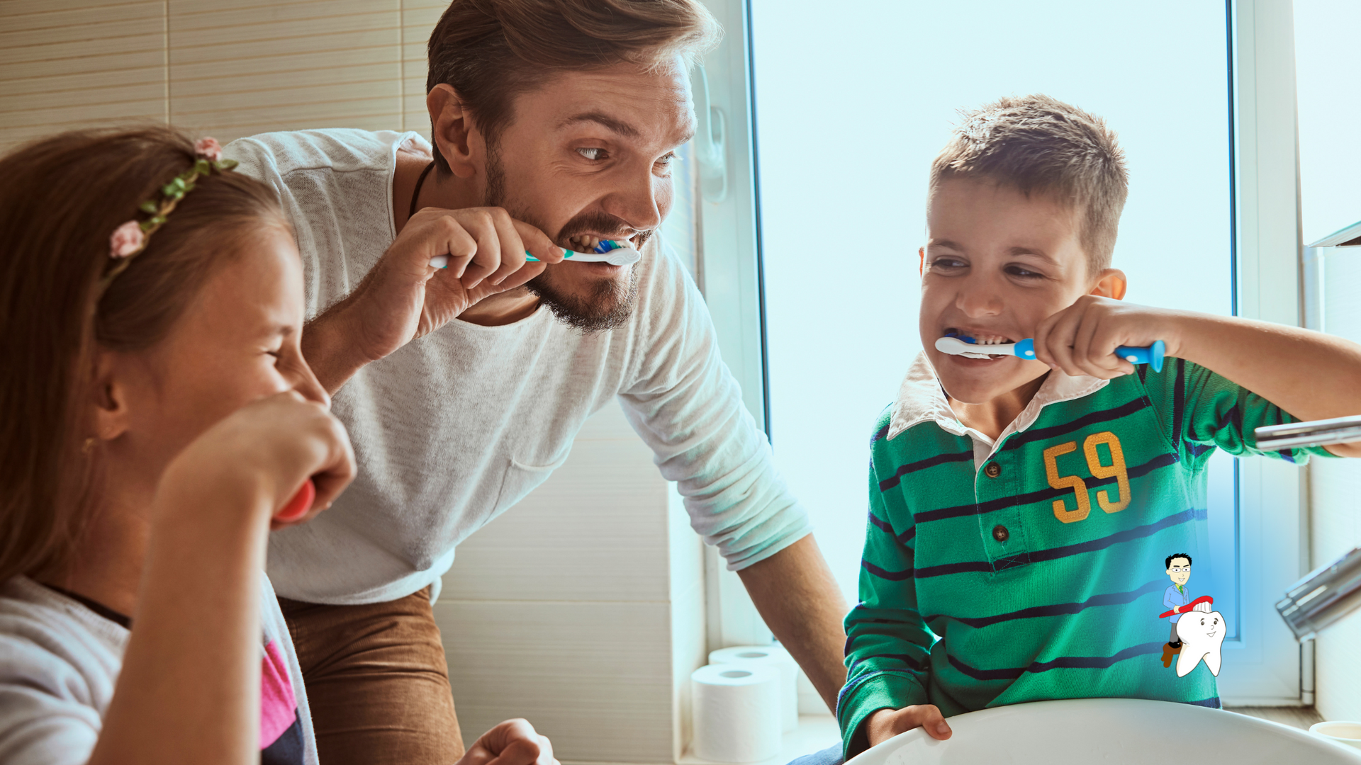 A man and two children are brushing their teeth in a bathroom.