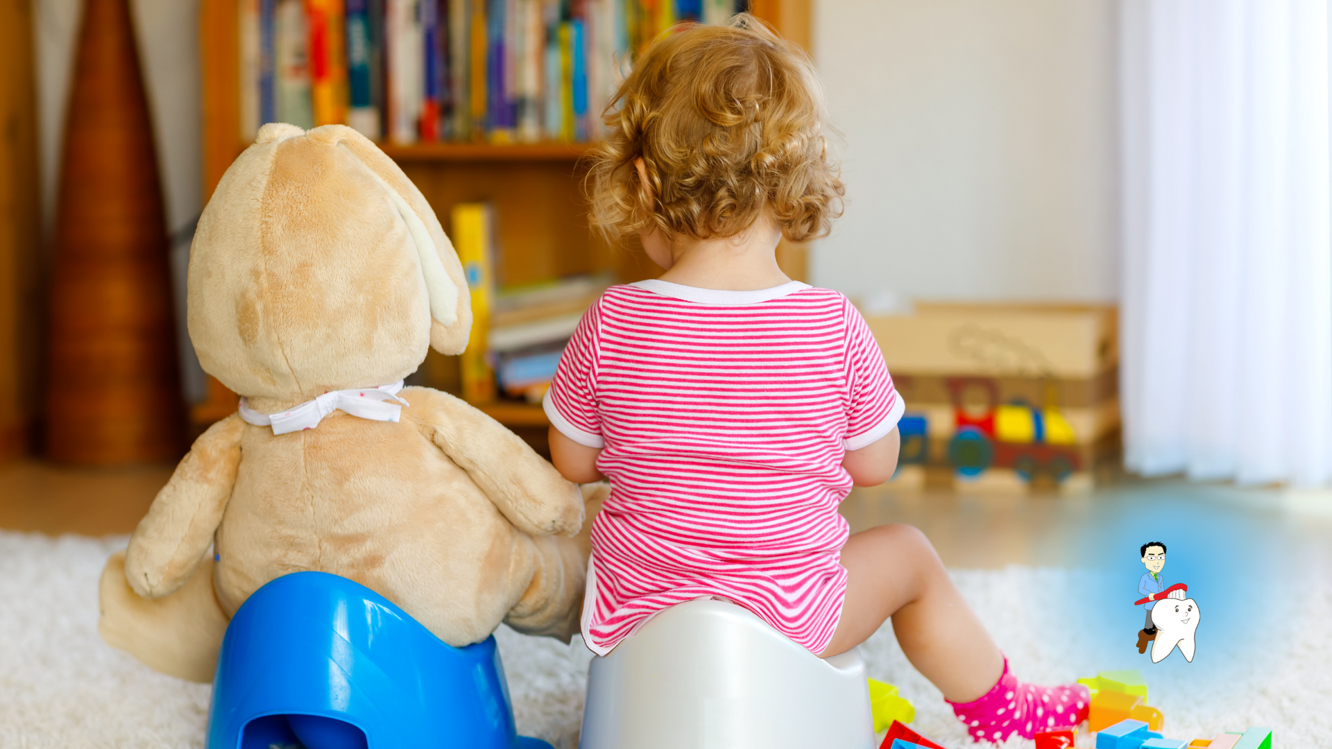 A little girl is sitting on a potty next to a teddy bear.