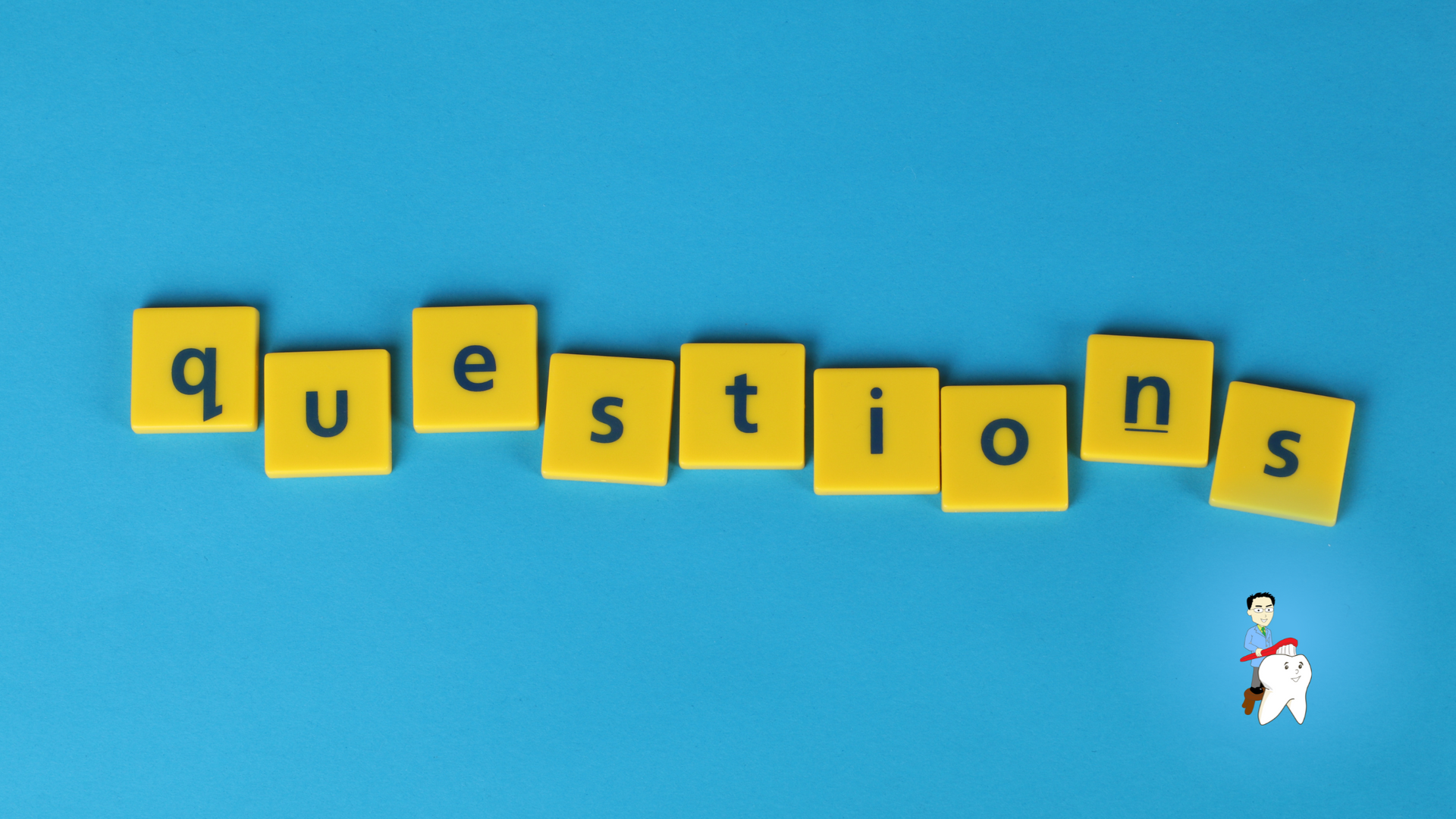 The word questions is written in yellow blocks on a blue background