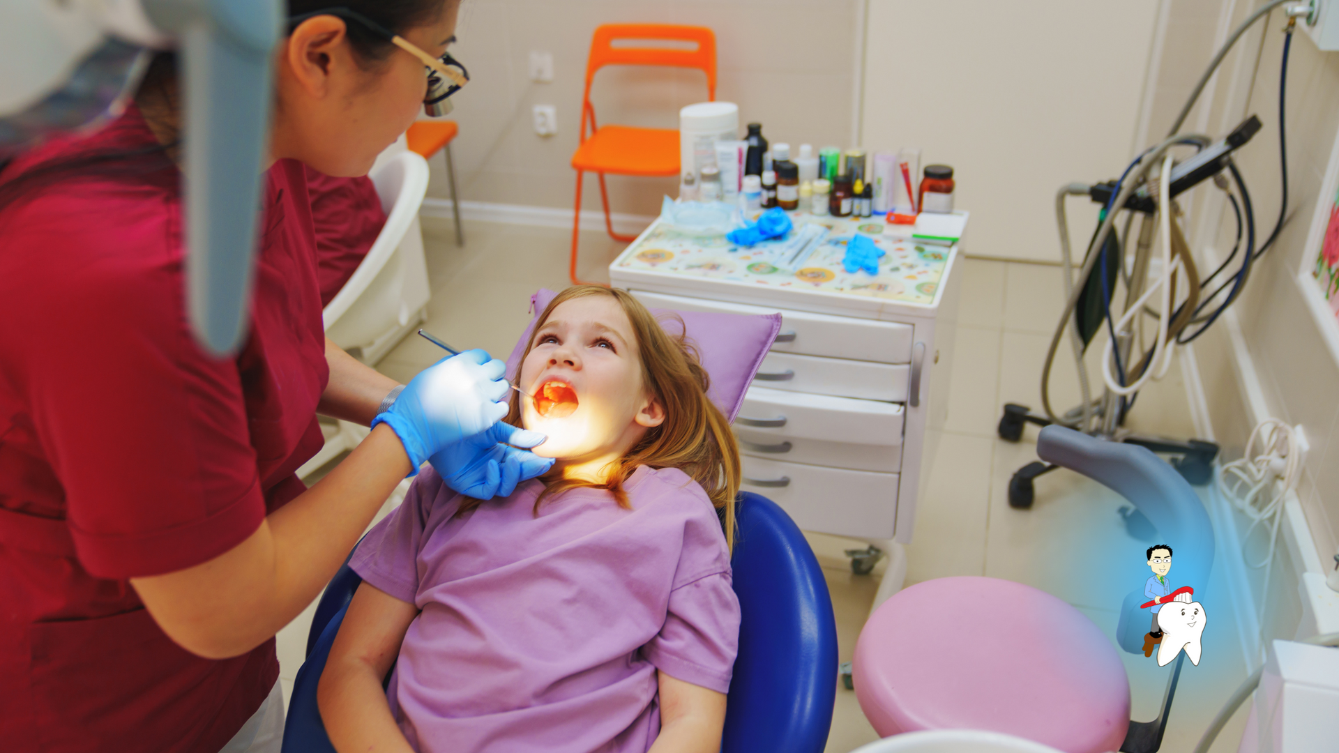 A little girl is sitting in a dental chair getting her teeth examined by a dentist.