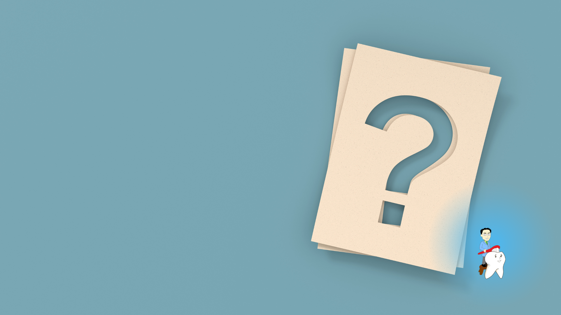 Stack of paper with question mark cutout, a small person peeking.