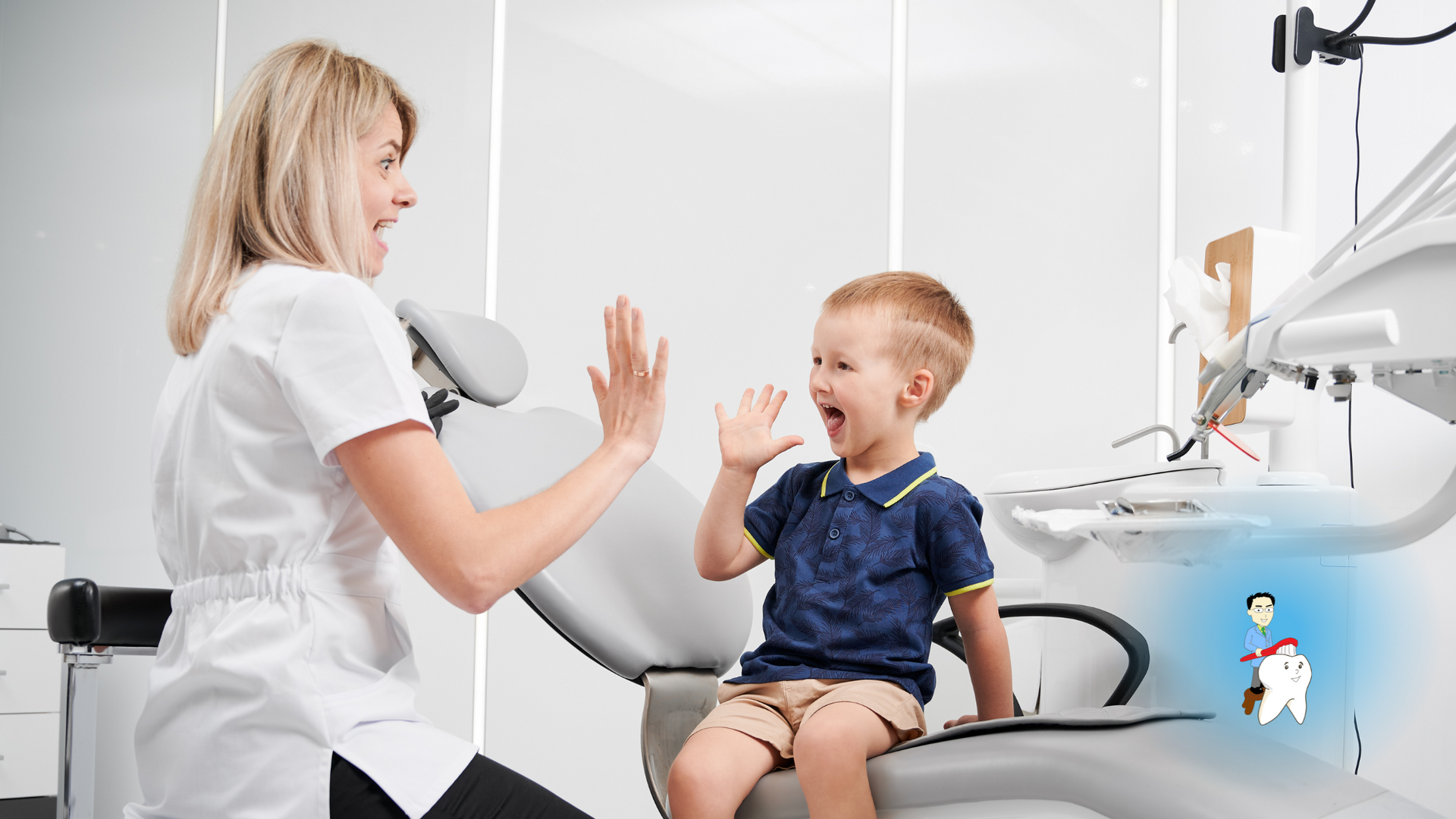 A woman is giving a child a high five while sitting in a dental chair.