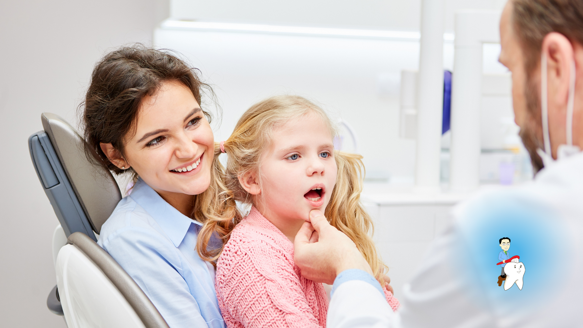A woman and a little girl are sitting in a dental chair talking to a dentist.