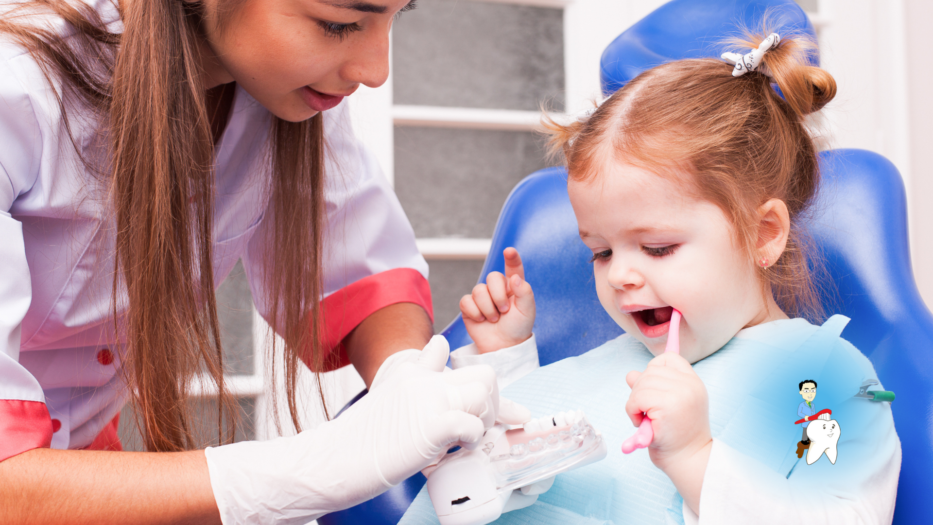 A little girl is brushing her teeth at the dentist.