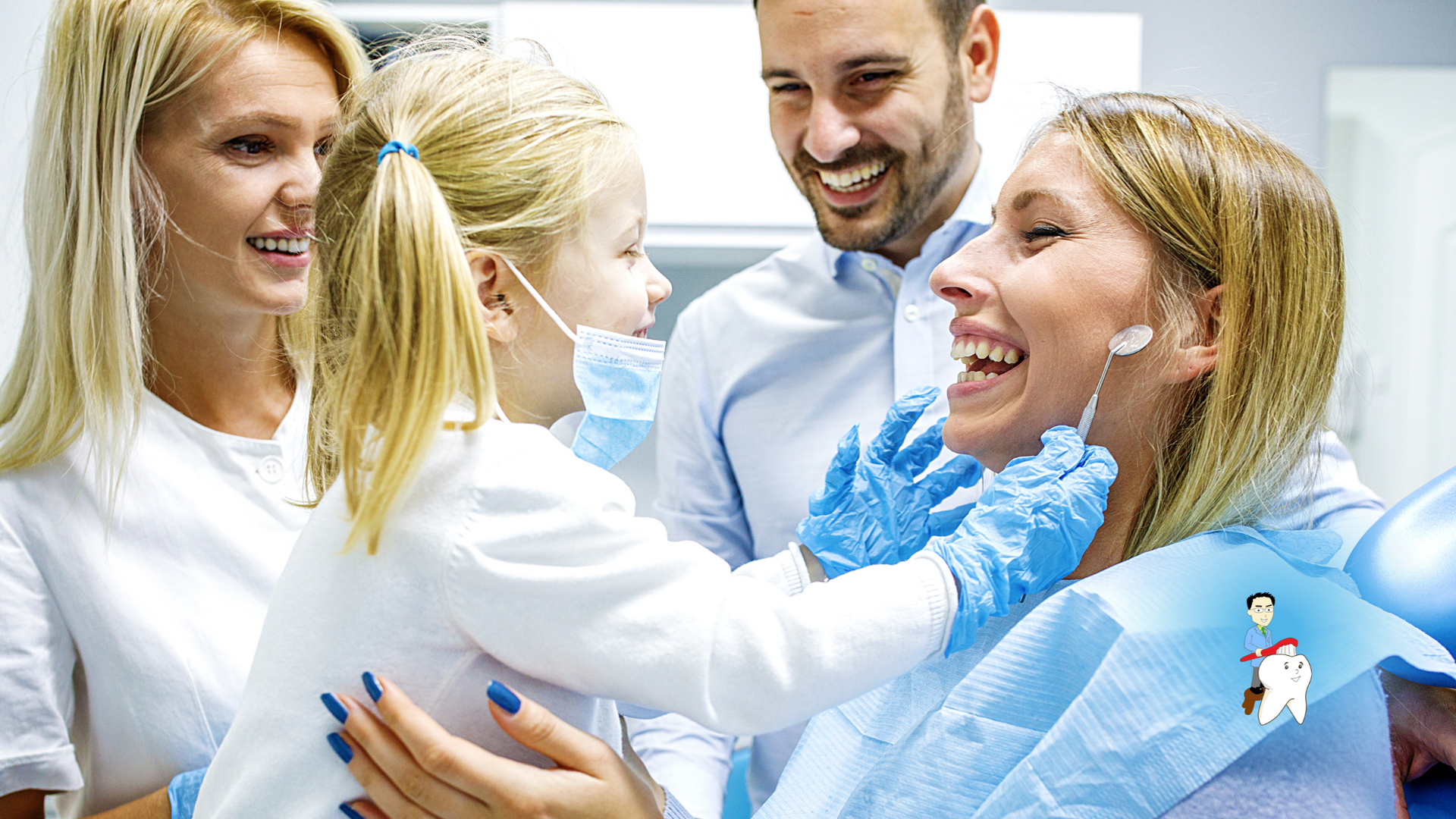 A family is having their teeth examined by a dentist in a dental office.