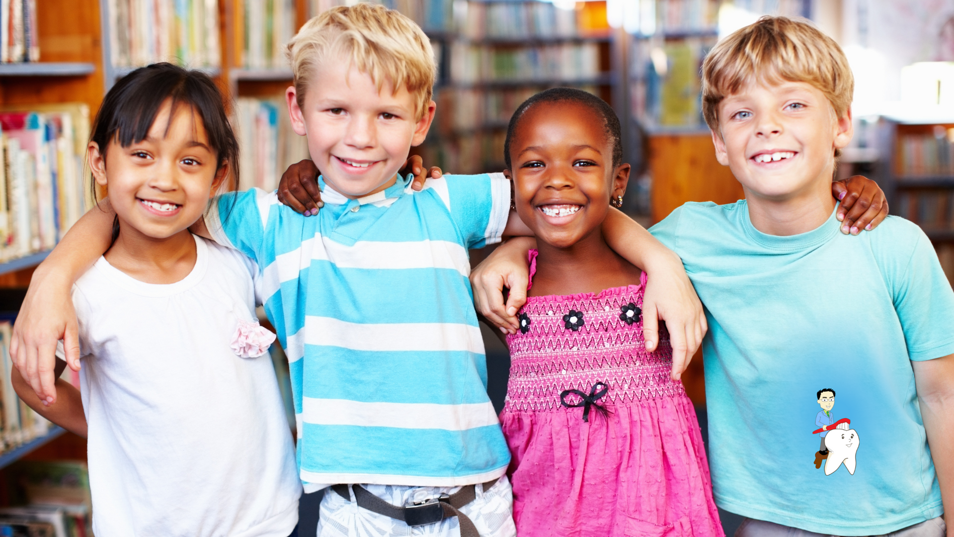 A group of children are posing for a picture in a library.