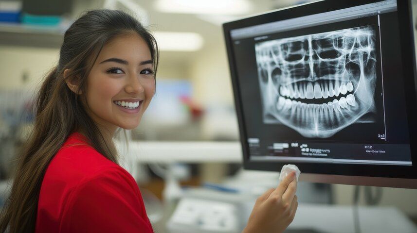 A woman is looking at an x-ray of her teeth on a computer screen.