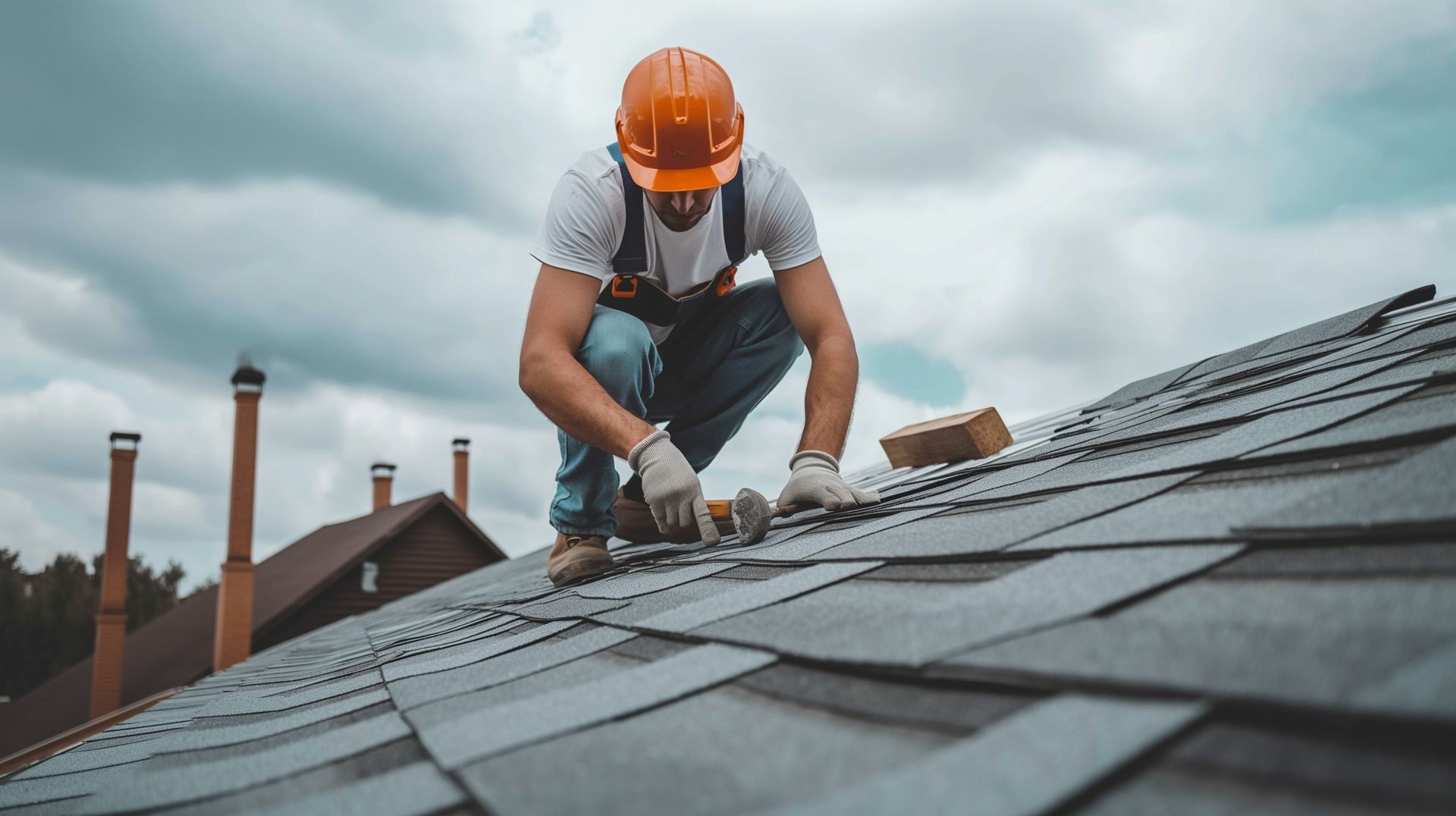 A male worker in a white shirt, blue pants, and an orange helmet repairing roofing.