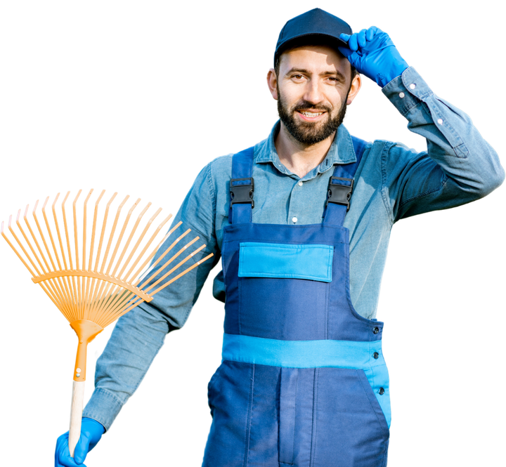 A man in blue overalls is holding a rake