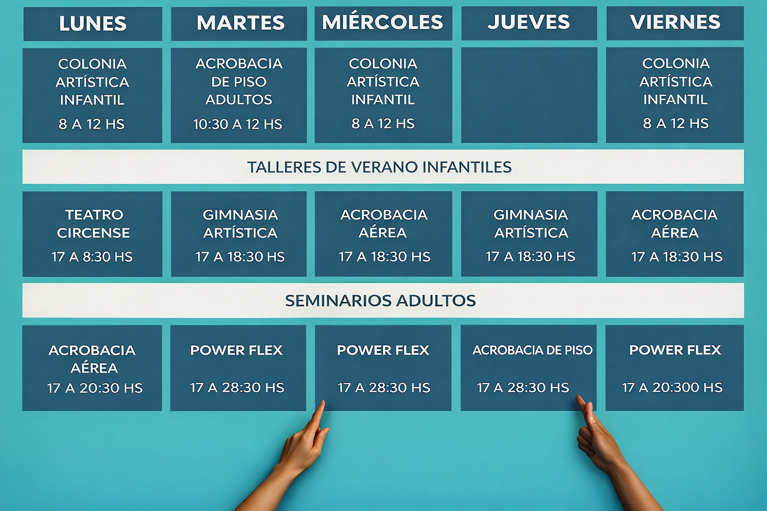 Horario de clases, incluyendo colonia artística, acrobacias y seminarios para niños y adultos.