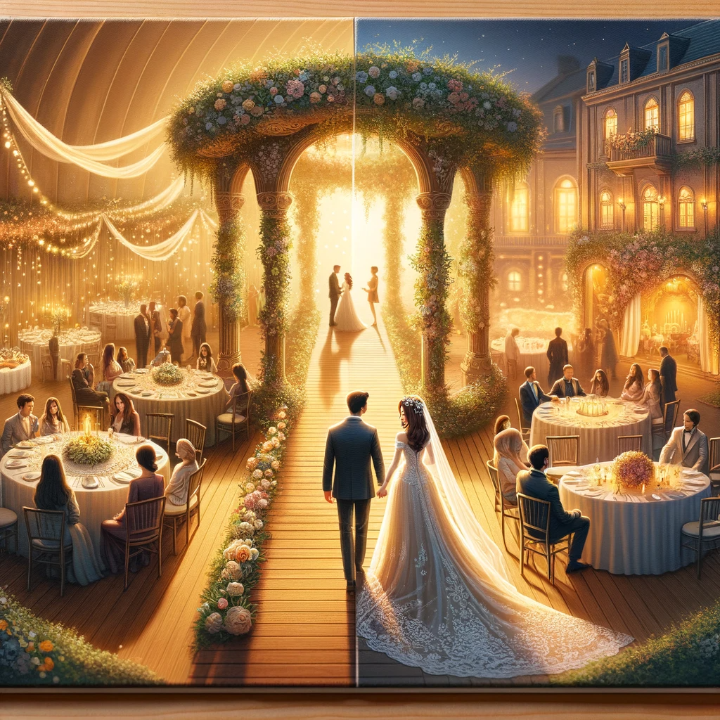  een gepersonaliseerde bruiloft, variërend van een intieme microwedding in een gezellige, buitenomgeving tot een uitgebreide, meerdaagse viering in een luxueuze locatie. Het beeld symboliseert de unieke en onvergetelijke aard van een bruiloft die de persoonlijkheid van het paar weerspiegelt.