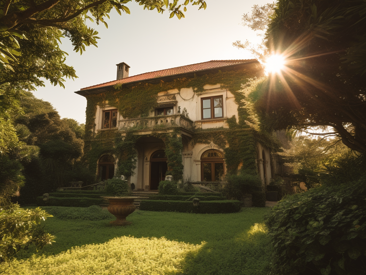 Helder verlichte historische villa verscholen tussen weelderige groene bomen, jouw potentieel sprookjesachtige trouwlocatie