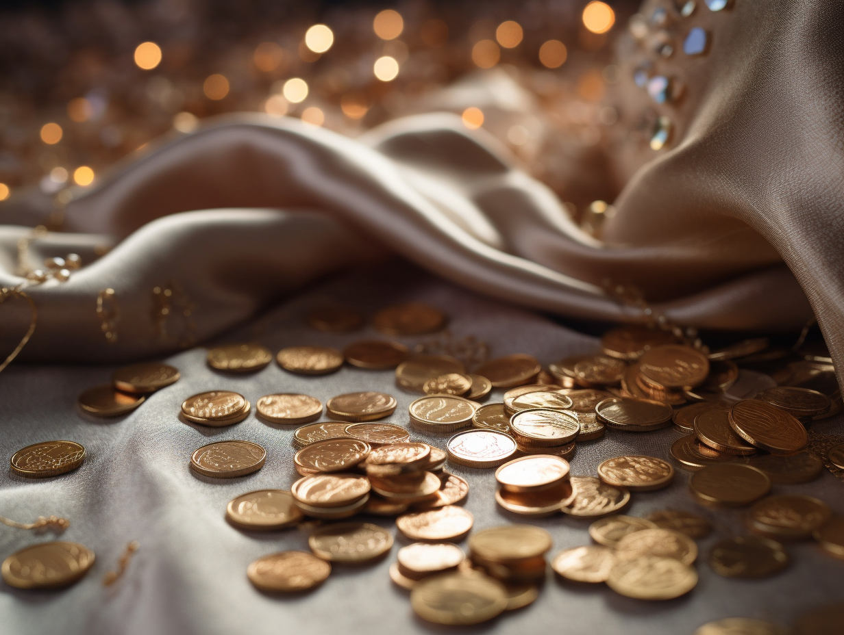 Glanzende muntstukken verspreid op een luxueuze stoffen achtergrond, de visualisatie van jouw droomhuwelijksbudget