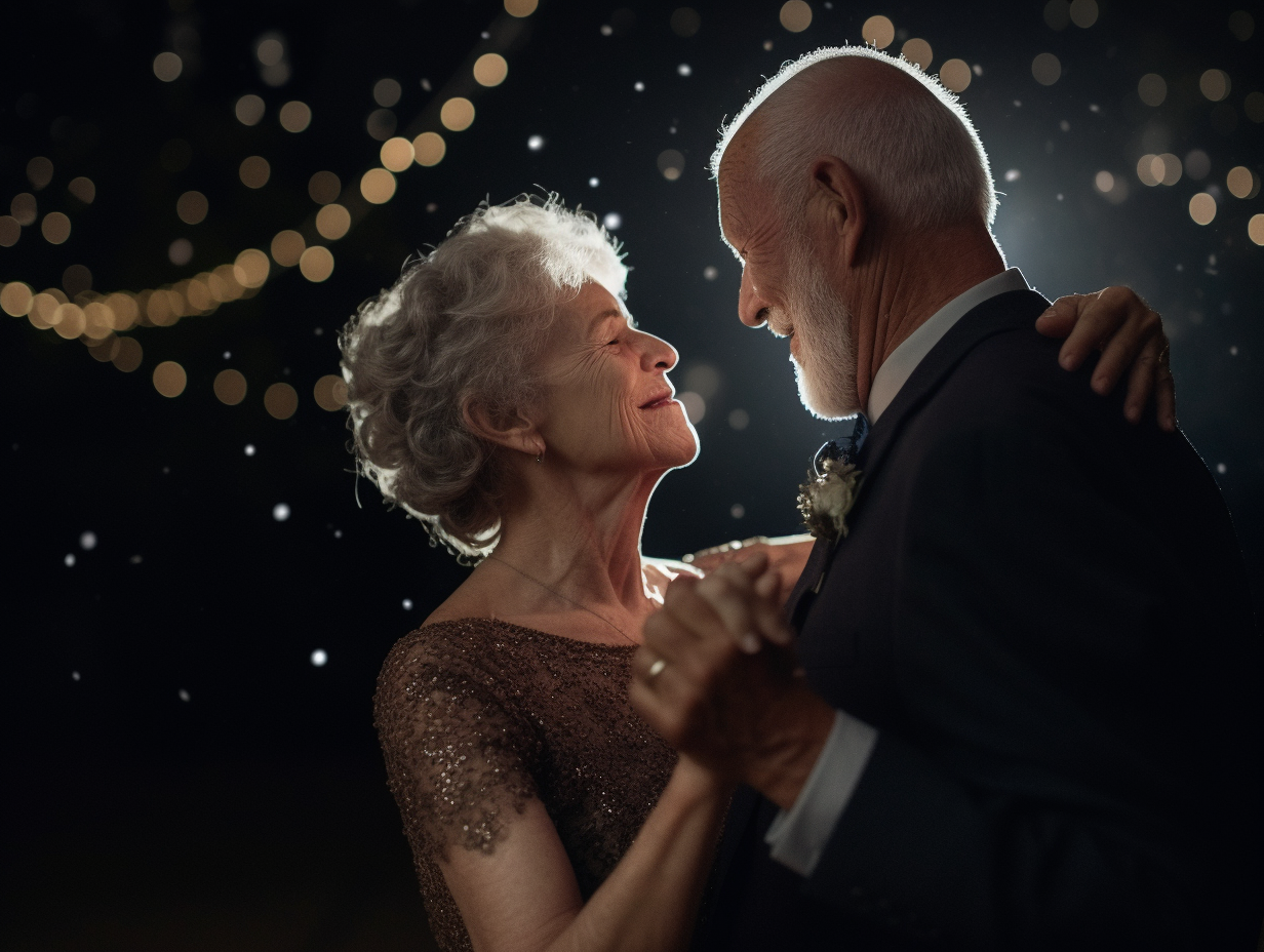 Lachend ouder stel dansend onder de sterren, hun liefde vastgelegd in de eeuwigheid.