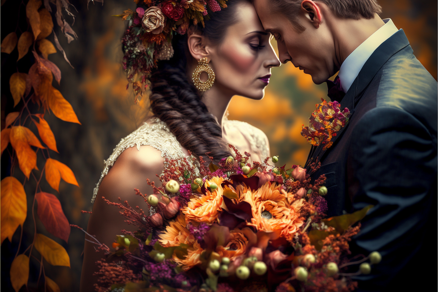 Foto van bruidspaar staand in herfstbos met goudgele bladeren om hen heen
