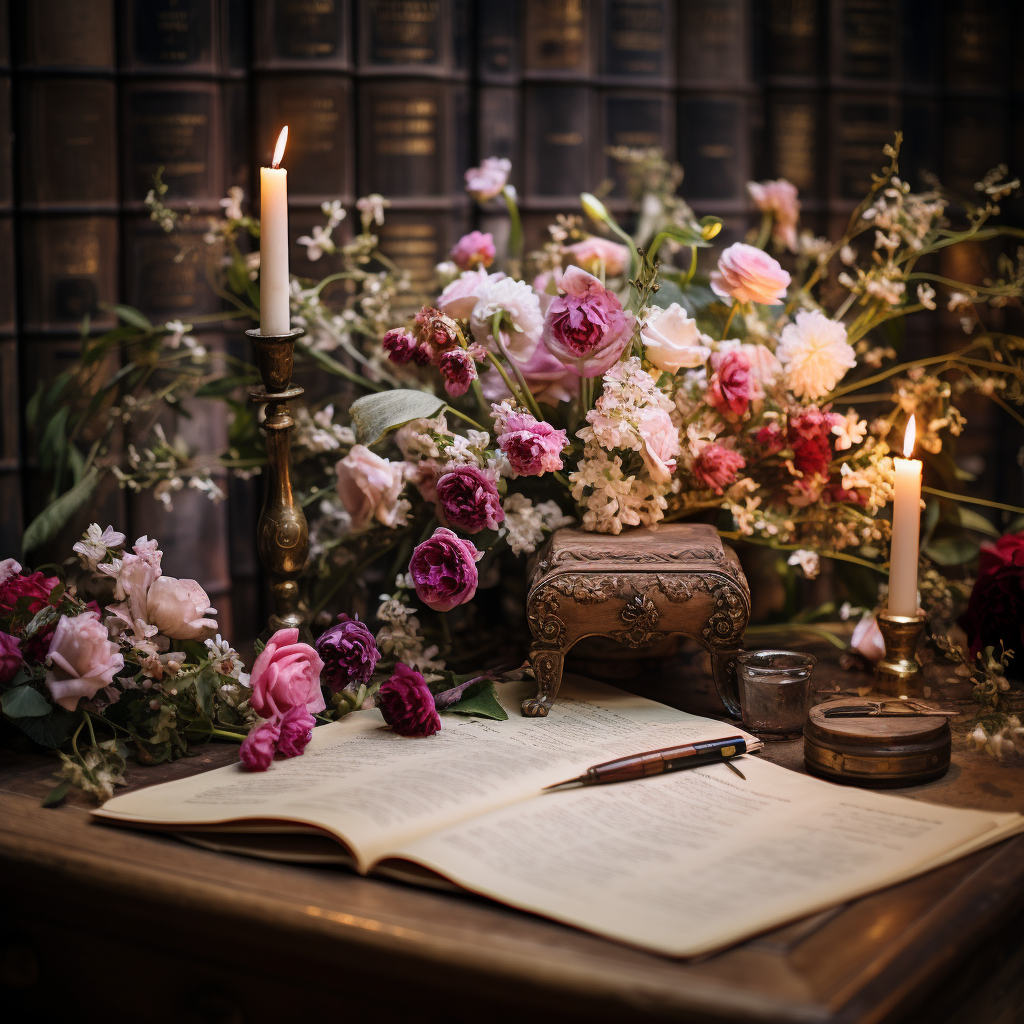 Een gedetailleerd draaiboek op een elegante houten tafel, omringd door romantische bloemen.