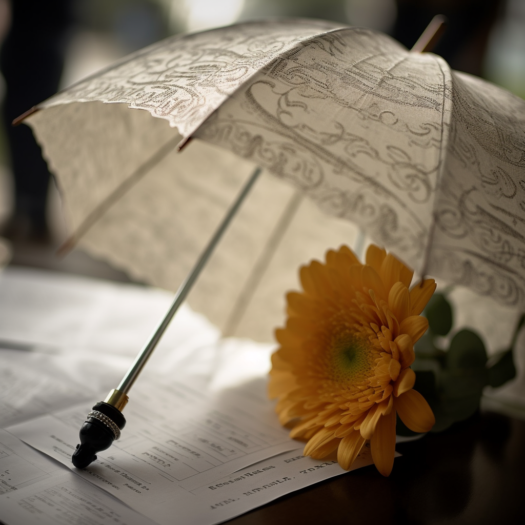 Een draaiboek met daarop een paraplu en een zonnige bloem, symboliserend het back-up plan bij regen.