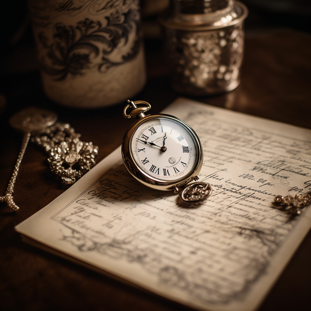 Een open draaiboek met pen, met op de achtergrond een elegante klok die de tijd aangeeft.
