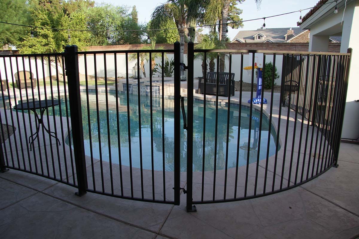 A Wrought Iron Fence Surrounds a Large Swimming Pool — Brendan's Landscaping and Fencing In Bundaberg, QLD