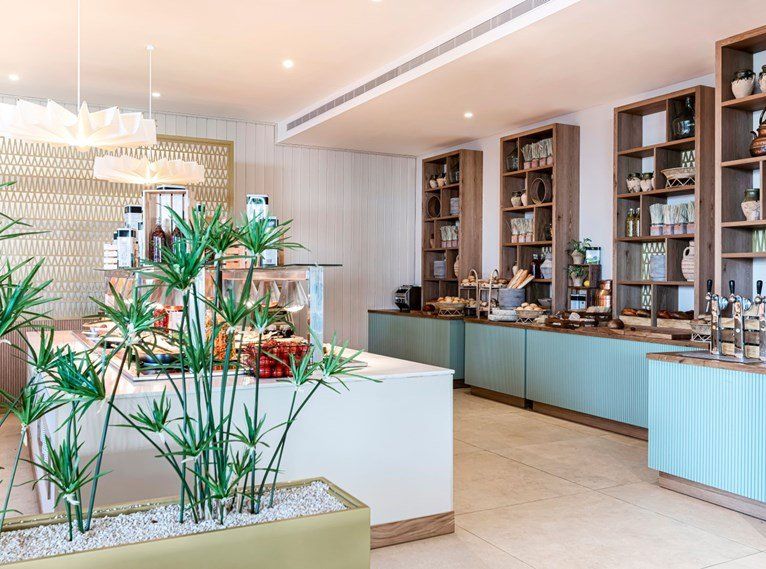 מסעדה עם מזנון וצמח באמצע החדר.