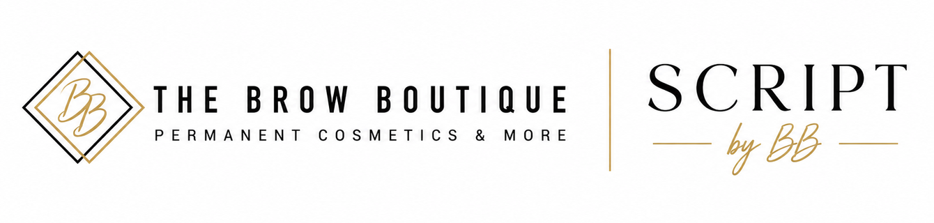 Logo for The Brow Boutique and Script by LB, with gold and black text on a white background