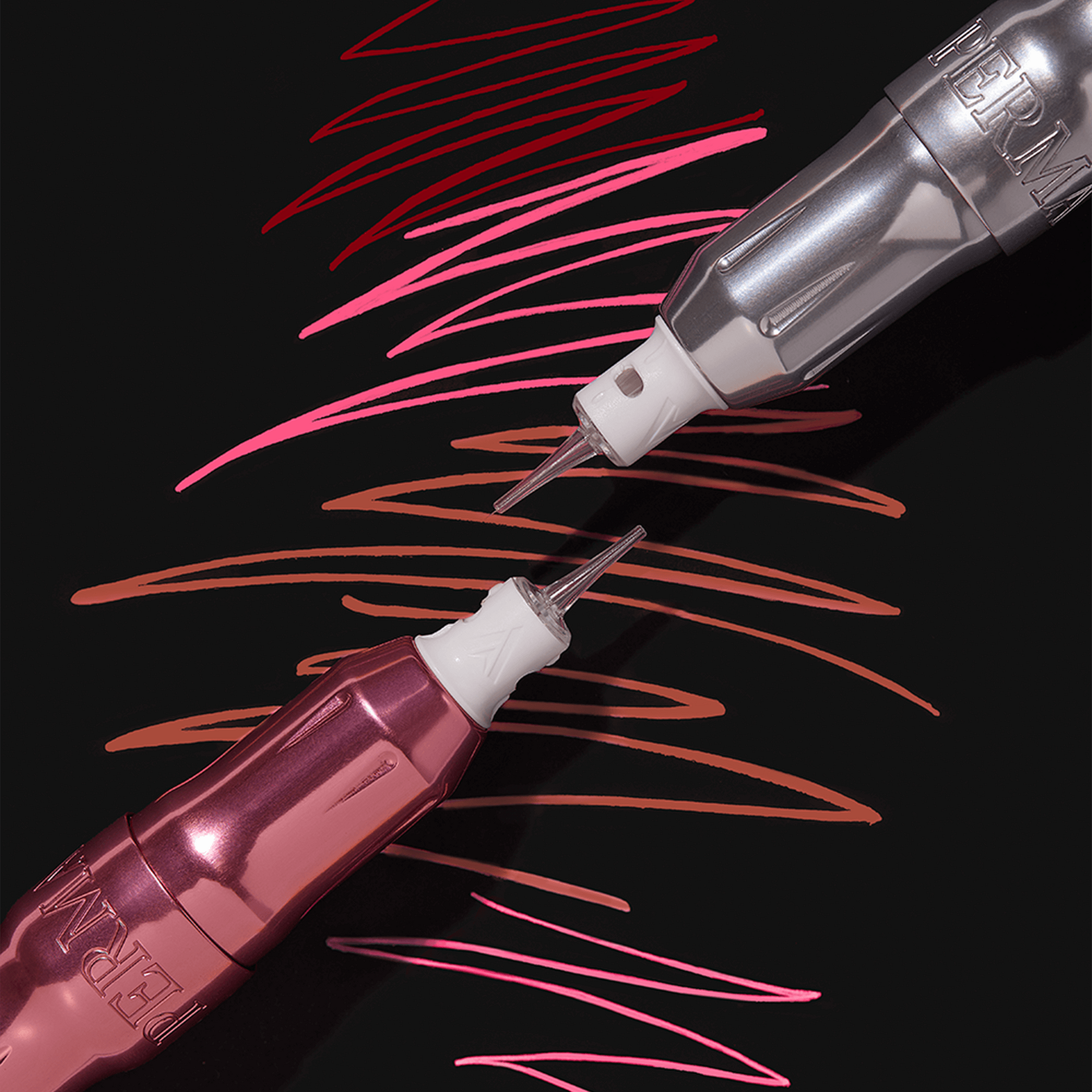 A close up of a pink and silver permanent makeup machine pen.