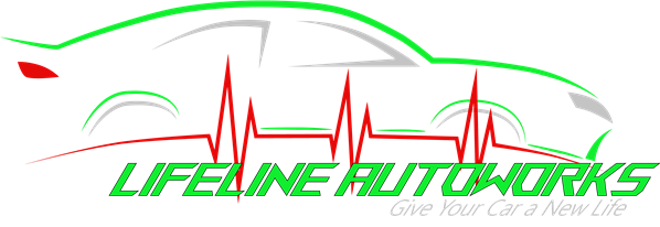 Logo for Lifeline Autoworks, featuring a car outline, heartbeat line, and green/red color scheme.