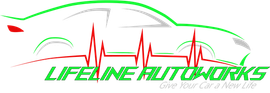 Logo for Lifeline Autoworks, featuring a car outline, heartbeat line, and green/red color scheme.
