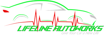 Logo for Lifeline Autoworks, featuring a car outline, heartbeat line, and green/red color scheme.