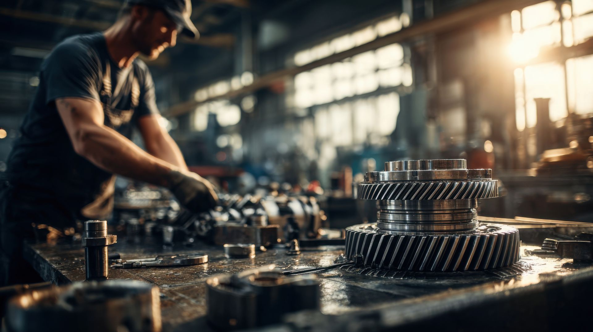 Expert technician repairing complex gears and engine parts at a professional transmission shop. Expert technician repairing complex gears and engine parts at a professional transmission shop.