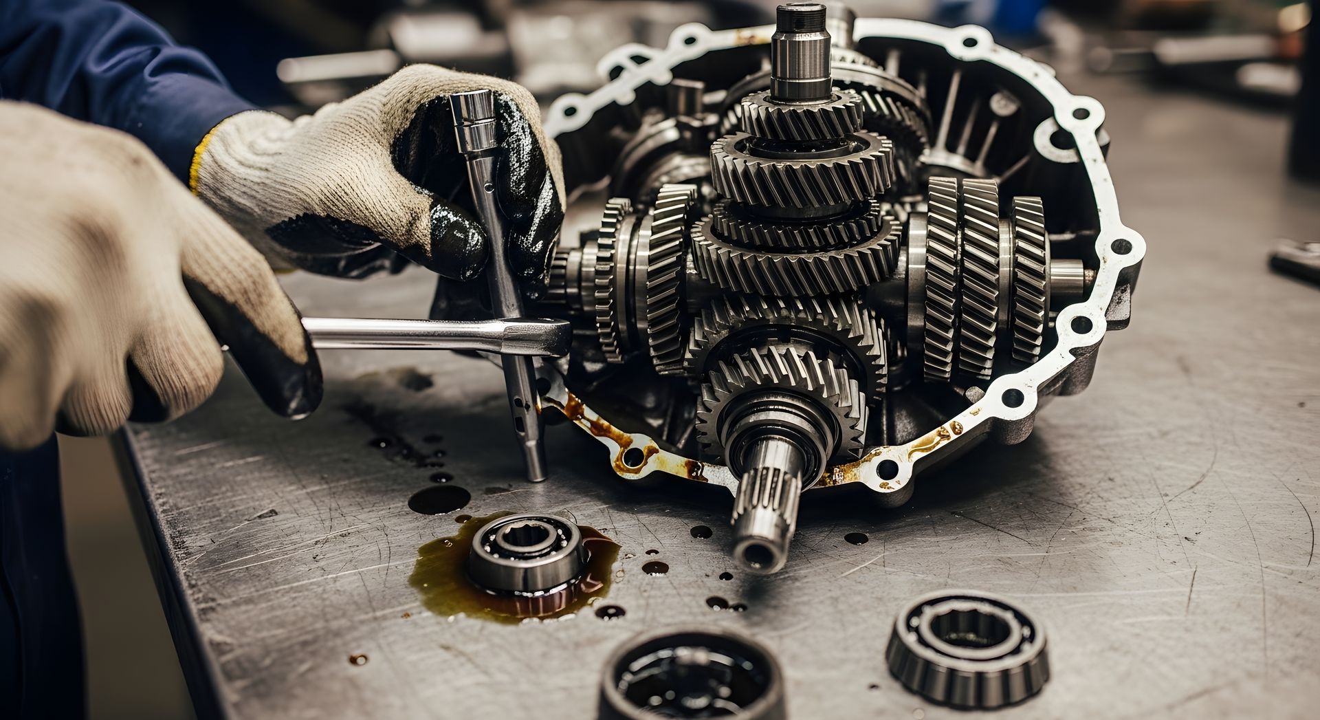 A mechanic using tools to repair complex internal gears at a professional transmission shop. A mechanic using tools to repair complex internal gears at a professional transmission shop.