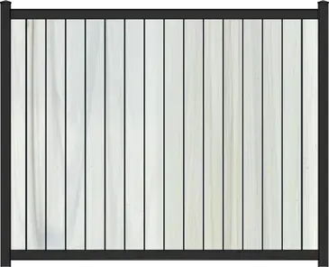 A vertical aspen late vinyl fence with a black frame.