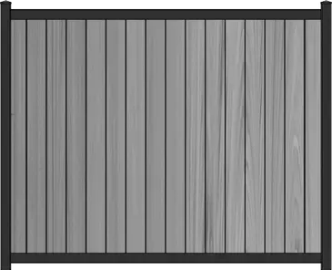 A vertical chai gray vinyl fence with a black frame.