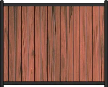A vertical mocha walnut vinyl fence with a black frame.