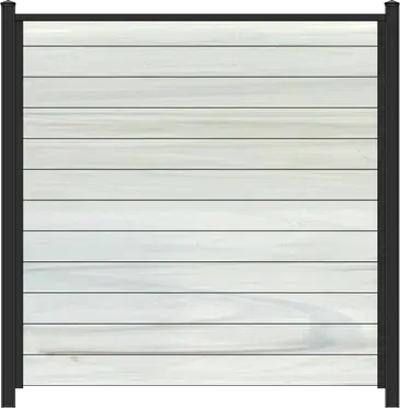 black aluminum frame with horizontal aspen vinyl boards privacy screen