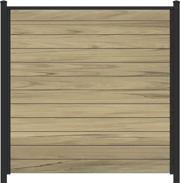 black aluminum frame with horizontal green teak vinyl boards privacy screen