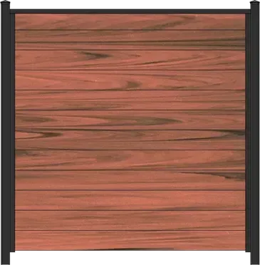 A horizontal mocha walnut vinyl fence with a black frame.