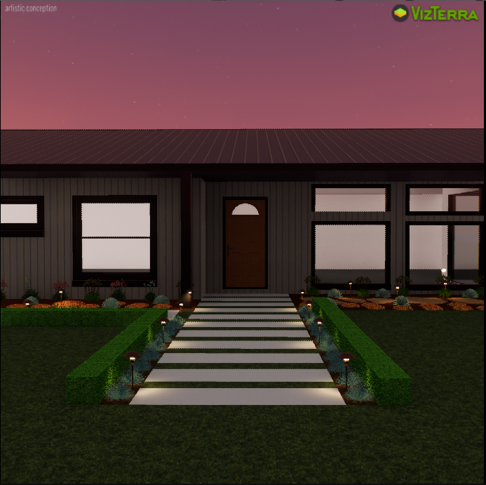 Modern home exterior at dusk with lit pathway and landscaping.