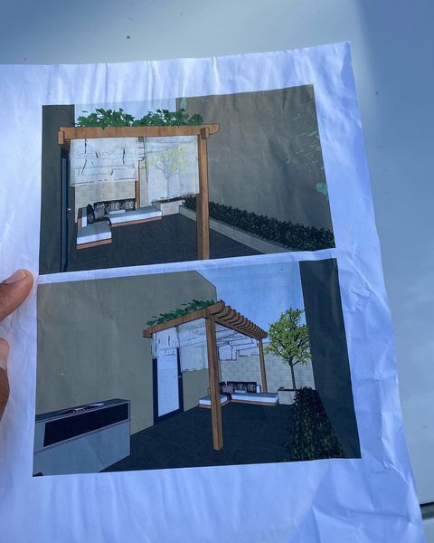 Two architectural renderings of a backyard patio with pergola, featuring plants, a grill, and seating.