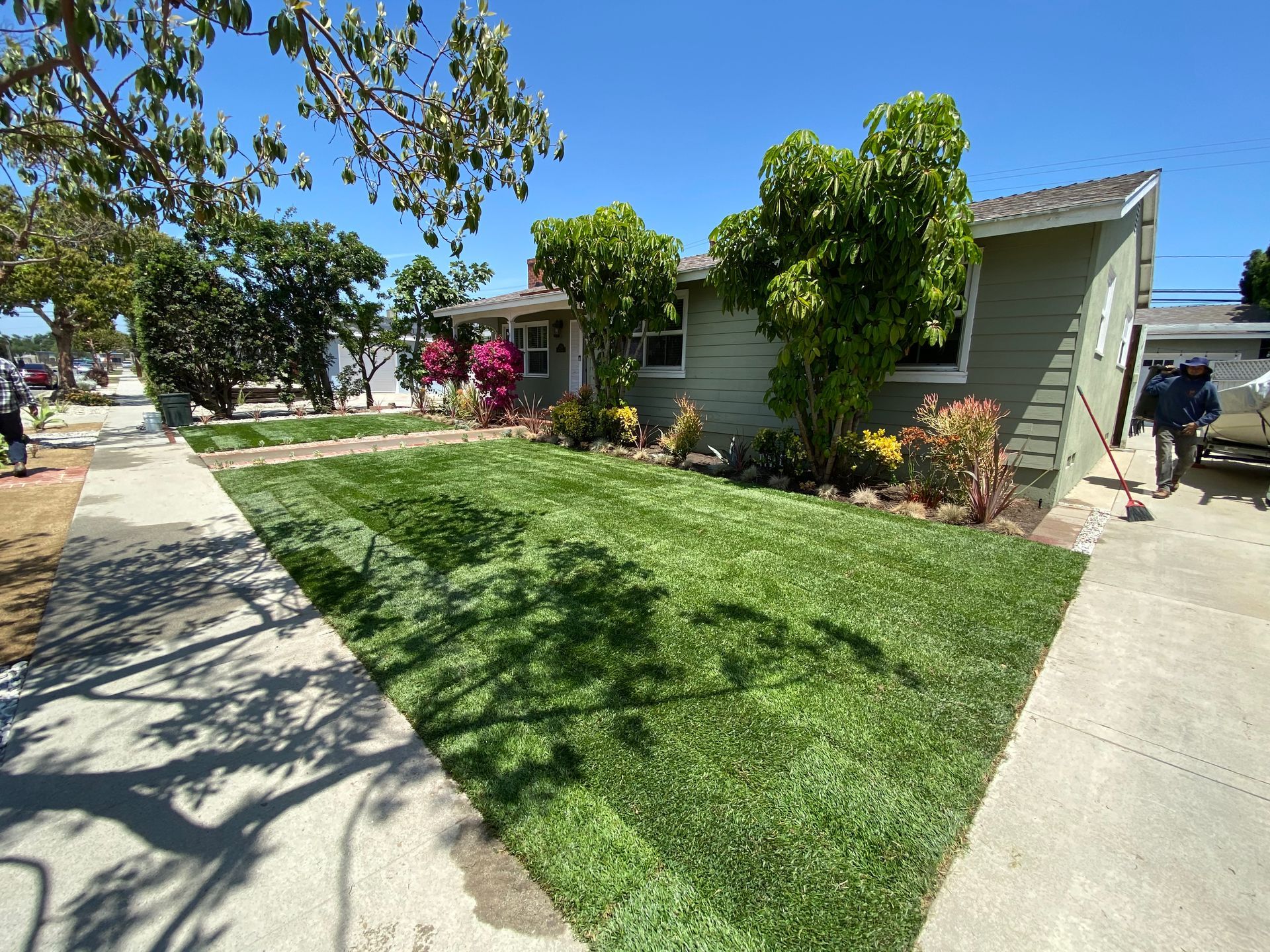 Green house with freshly cut lawn, blue sky, and gardener sweeping.