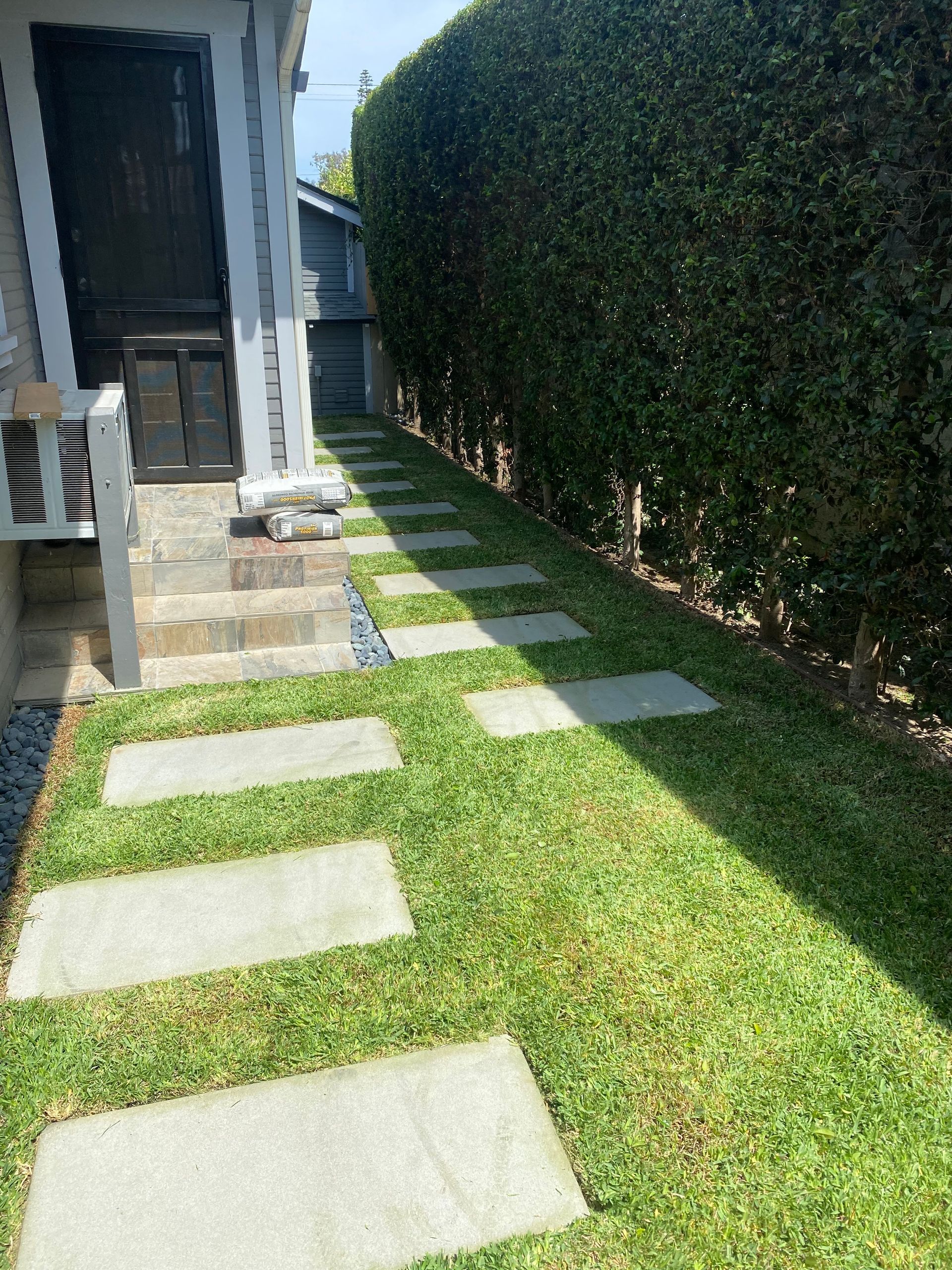 Stone pathway through green grass, leading alongside a tall hedge toward a house entrance.