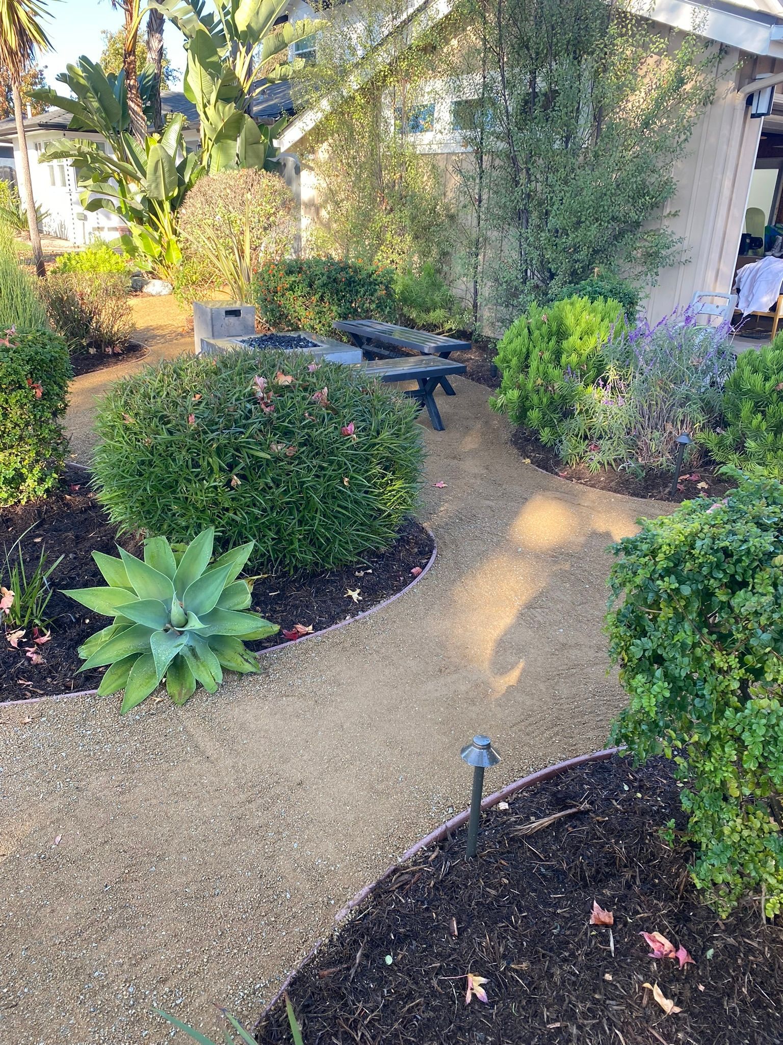 Gravel pathway winds through a garden with green bushes, a large agave plant, and a fire pit in the background.