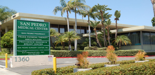 San Pedro Medical Center sign and building with palm trees in front.