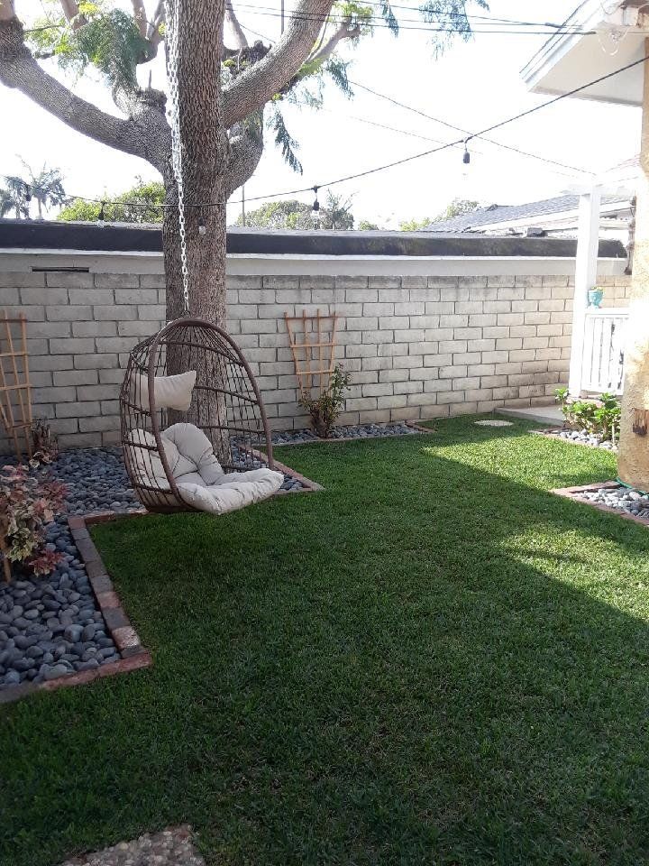 Lush backyard with hanging chair by a tree, brick wall backdrop, and string lights.