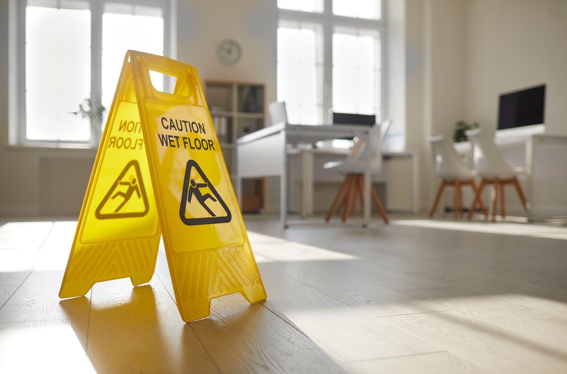 Two yellow caution signs are sitting on a wooden floor in an office.